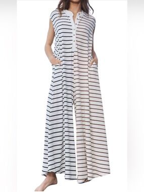 Sleeveless Wide-Leg Striped Jumpsuit – White with Black & Brown Stripes